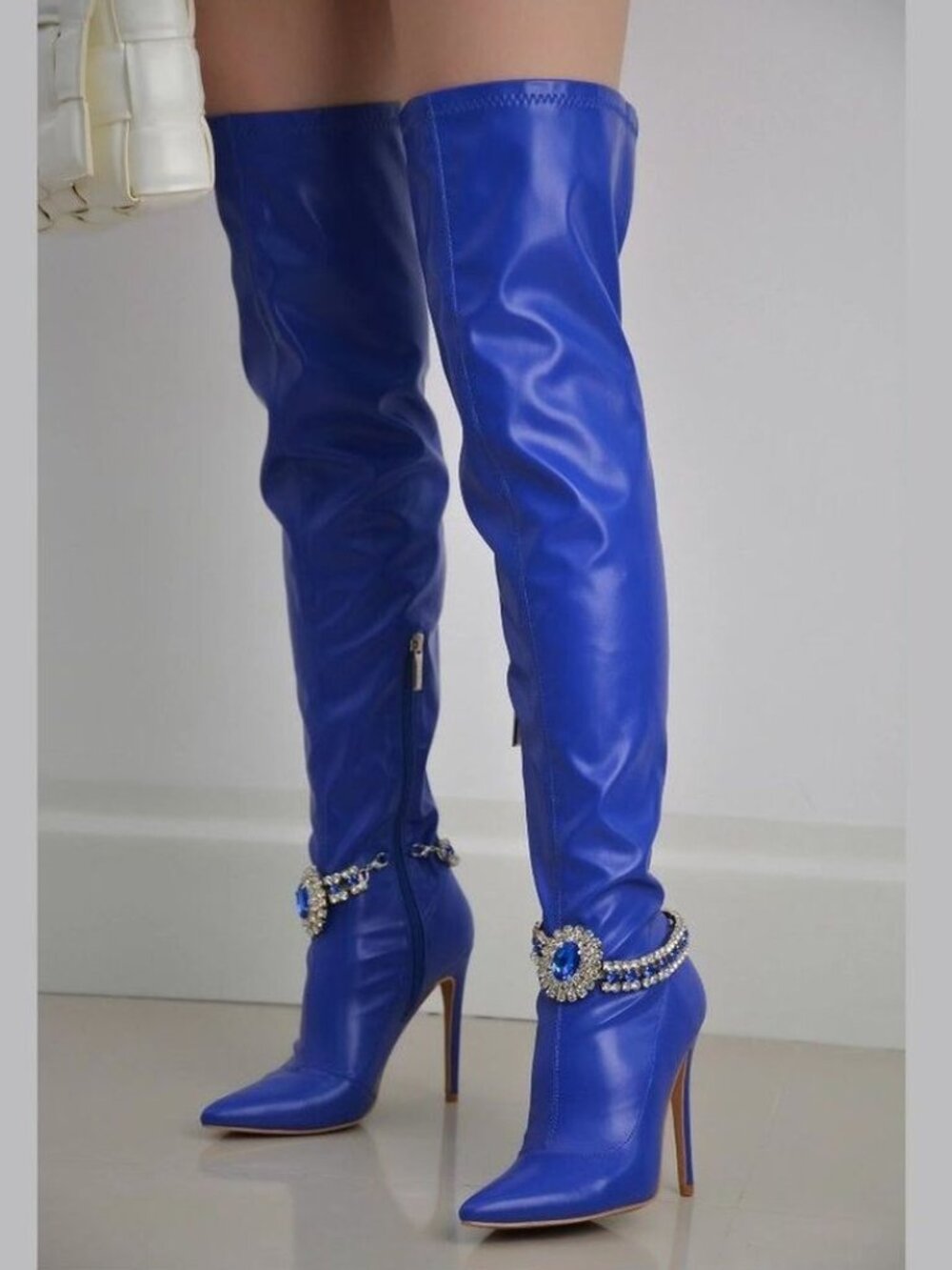 Lawless Bold Blue Stretch Leatherette Rhinestone Ankle Bracelet Thigh High Boots - Picture 6 of 17